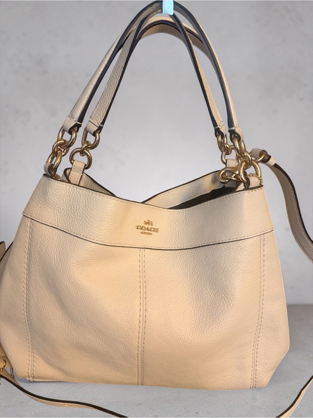 Coach Cream Pebbled Leather Double-Handle Shoulder Bag with Gold Hardware